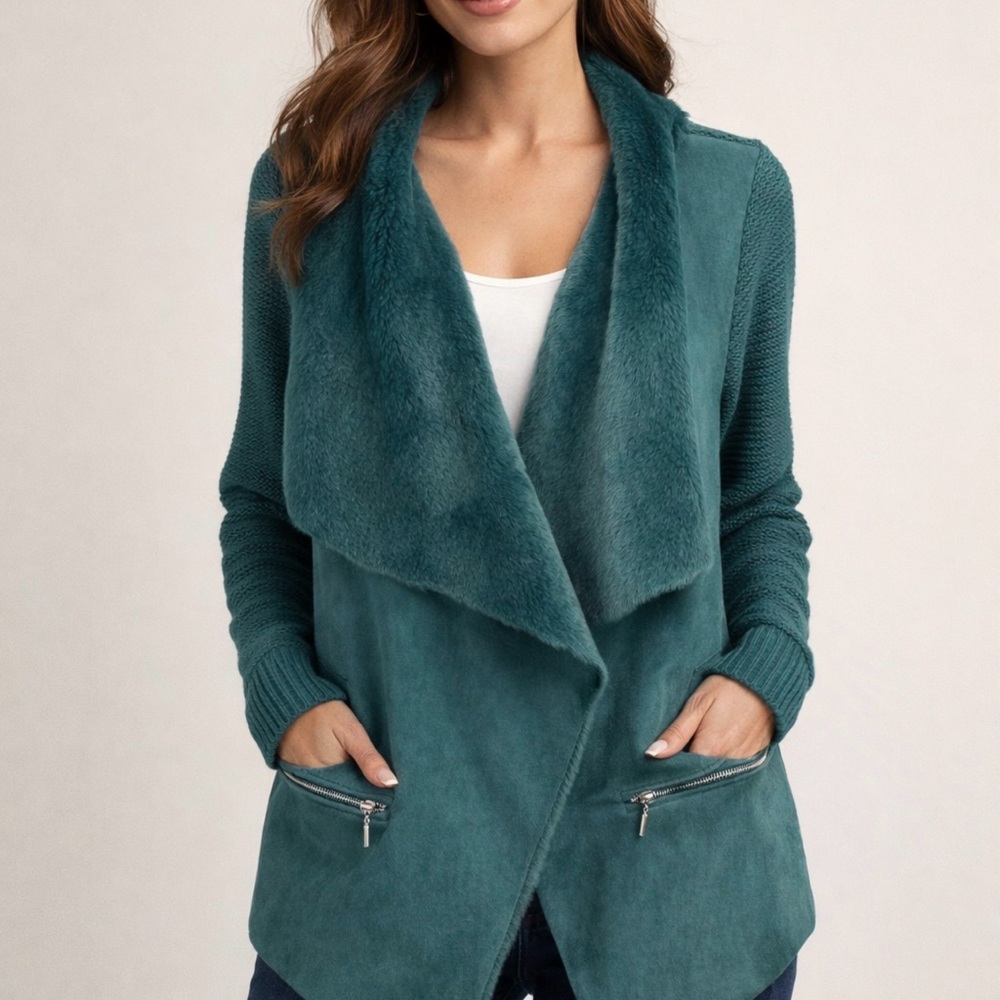 Twelfth Love Teal Knit Sleeve Moto Style Jacket Open Front with Faux Fur Size M